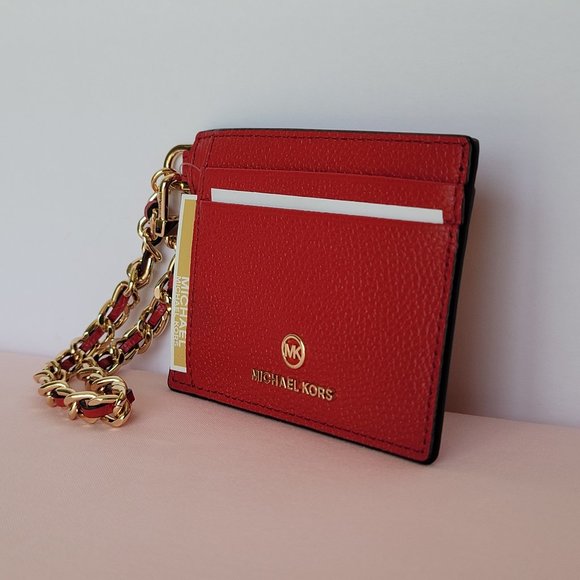 MICHAEL KORS Jet Set Small ID Pebbled Leather Chain Card Holder Case-Crimson $69 - Picture 4 of 16